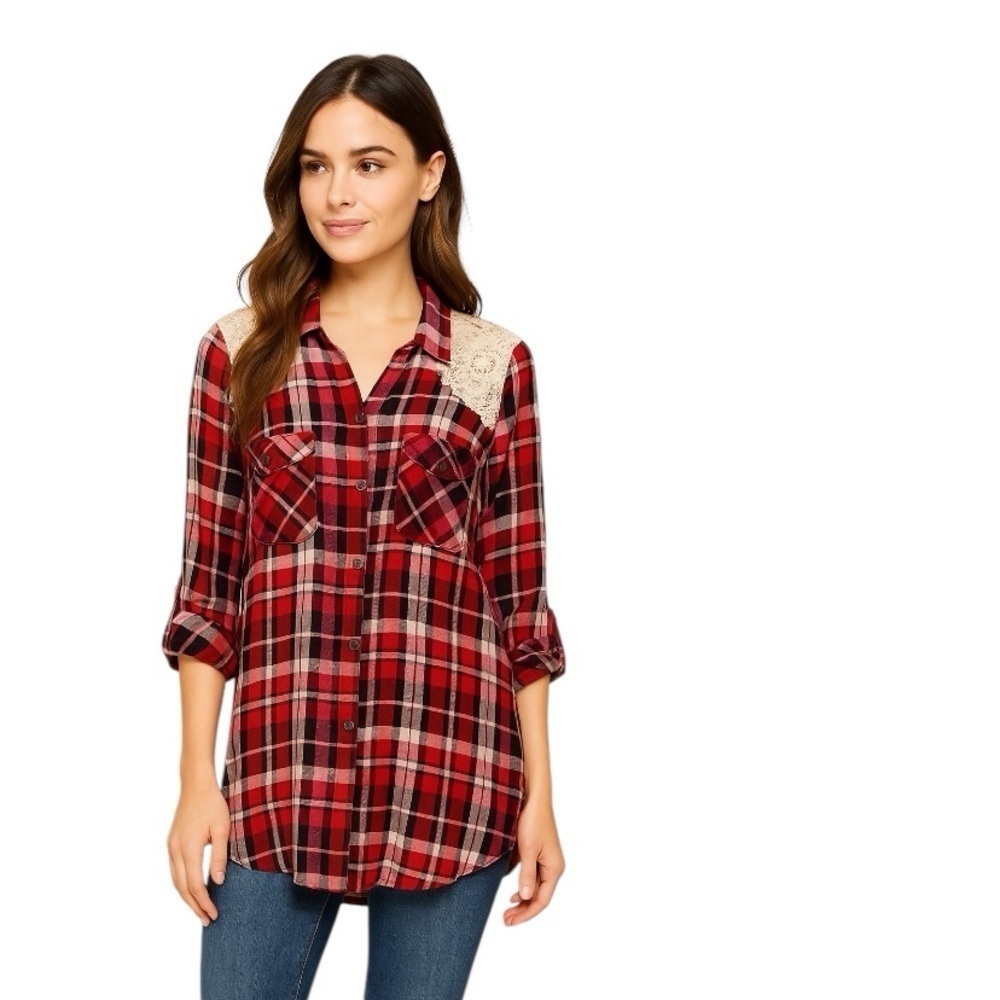 Hannah Red Cream Floral Lace Western Cowgirl Plaid Button Down Shirt Size PXL